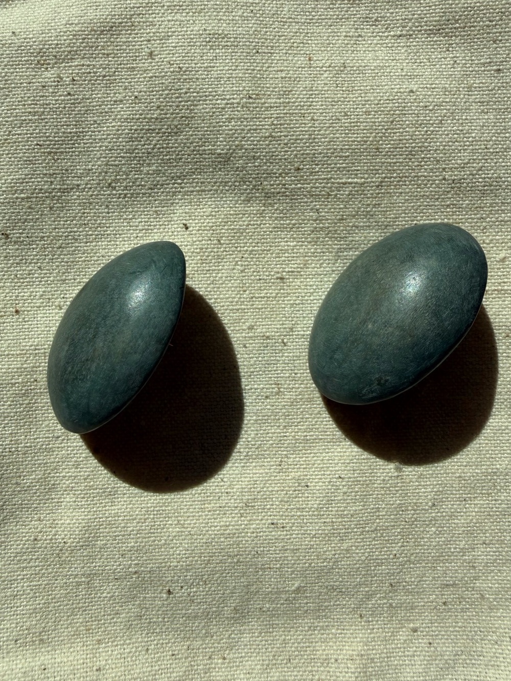 Vintage‎ Artisan Wood Large Matte Dark Teal Oval Button Earrings Tribal Boho